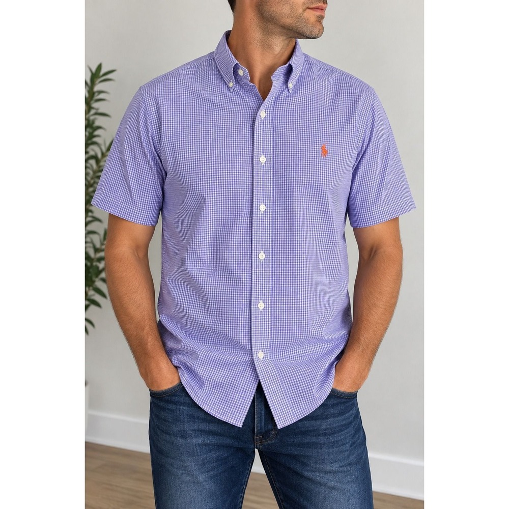 Polo Ralph Lauren Mens Large Custom Fit Gingham Short Sleeve Button Down_216